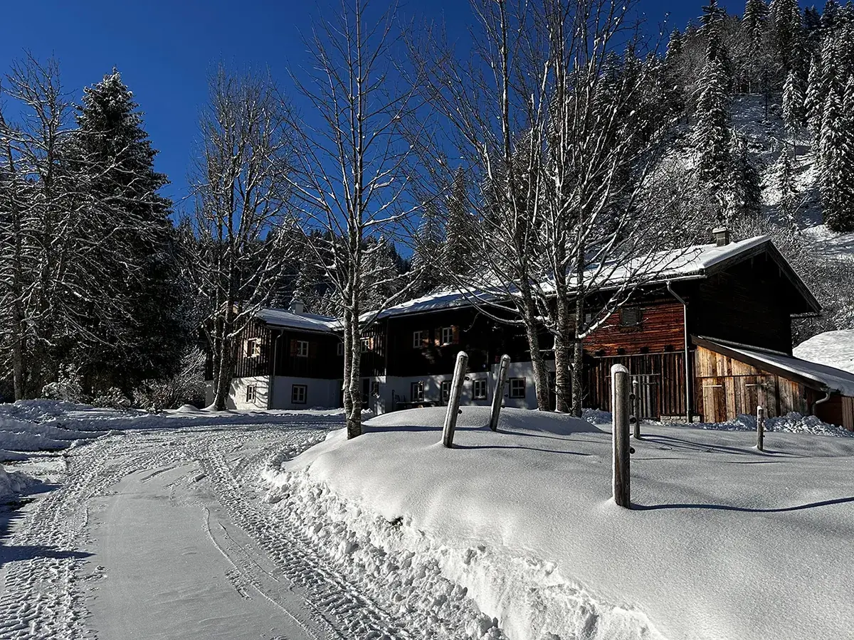 Hofansicht und Auffahrt zur Mitteralm im Winter.